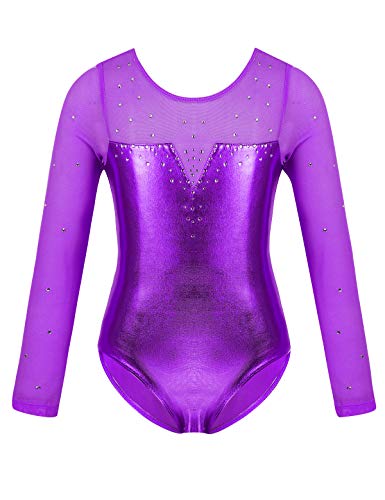 MSemis Maillot Patinaje Artístico Competición para Niñas Maillot Manga Larga Body Gimnasia Rítmica Leotardo Danza Ballet Clásica Ropa Brillante Disfraz Bailarina Rendimiento Morado A 7-8 años