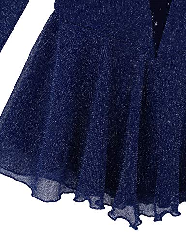 MSemis Maillot Patinaje Artístico Manga Larga para Niñas Vestido Gimnasia con Falda Gasa Vestido Bailarina Lentejuelas Leotardo Ballet Danza Ropa Competición Azul Marino 13-14 Años