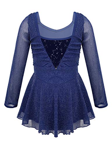 MSemis Maillot Patinaje Artístico Manga Larga para Niñas Vestido Gimnasia con Falda Gasa Vestido Bailarina Lentejuelas Leotardo Ballet Danza Ropa Competición Azul Marino 13-14 Años