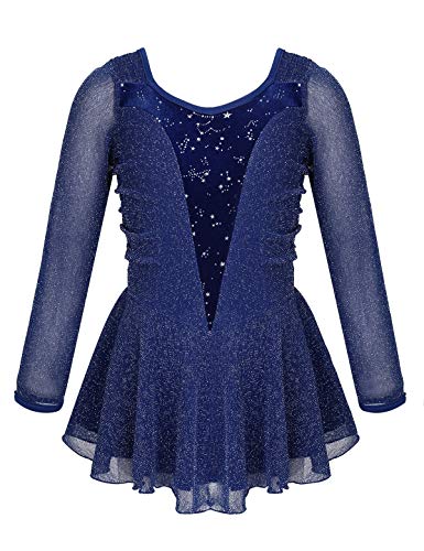 MSemis Maillot Patinaje Artístico Manga Larga para Niñas Vestido Gimnasia con Falda Gasa Vestido Bailarina Lentejuelas Leotardo Ballet Danza Ropa Competición Azul Marino 13-14 Años