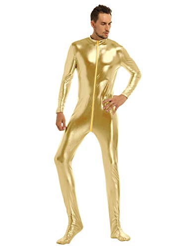 MSemis Mono Leotard Completo de Charol para Hombres Maillot Largo Disfraz Segunda Piel Body Ajustado Catsuit Zentai Carnaval Despedida Wetlook Cosplay Disfraz Dorado Medium