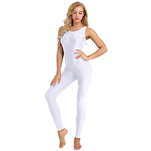 MSemis Mujer Maillot de Danza Ballet Gimnasia Mono Rítmica Leotardo Jumpsuit sin Manga Elástico Body Baile Disfraz Bailarina Blanco A Large