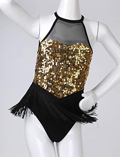 MSemis Ropa Bailarina niña Niña Maillot Ballet Danza Latino Jazz Body Leotardo Lentejuelas Halter Vestido de Patinaje Artístico Niña Maillot Gimnasia Artistica con Falda Borla Dorado 7-8 años