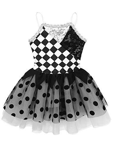 MSemis Vestido Ballet Tutú a Cuadros para Niñas Vestido Bailarina Disfraz Circo Maillot Danza Clásica Body Gimnasia Rítmica Ropa Competición Rendimiento Fiesta Blanco y Negro 10 Años