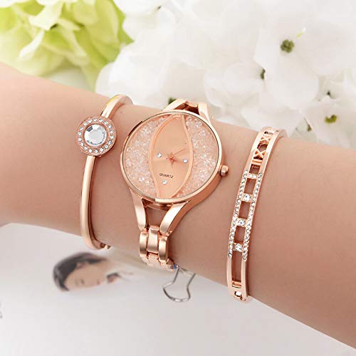 MTRESBRALTS - Conjunto de 3 relojes de mujer de flujo de arena diamante, pulsera de mujer, joya para niña, madre Wristwatch, regalo dorado