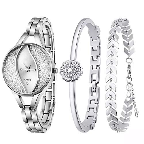 MTRESBRALTS - Conjunto de 3 relojes de mujer de flujo de arena diamante, pulsera de mujer, joya para niña, madre Wristwatch, regalo dorado