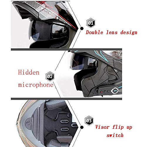 MTTK Casco de Motocicleta Bluetooth integrada con micrófono Oculto Moto abatible Casco Integral con Doble Lente, FM, GPS,A,XXL