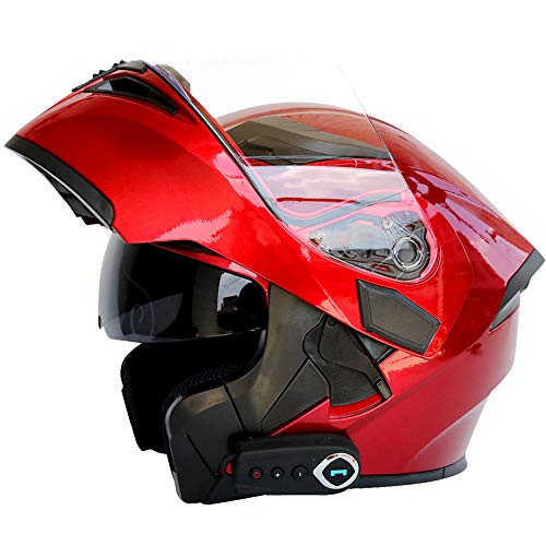 MTTK Casco de Motocicleta Bluetooth integrada con micrófono Oculto Moto abatible Casco Integral con Doble Lente, FM, GPS,A,XXL