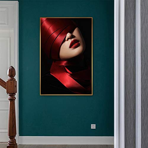 Mubaolei Cuadro de Lienzo de Bailarina de Seda roja Abstracta, póster e impresión de Chica de Labios Rojos Sexy Moderno para Sala de Estar, Imagen de Arte de Pared de Belleza 60x80cm