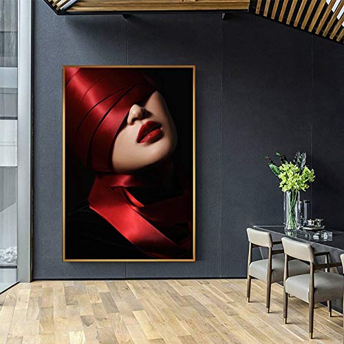 Mubaolei Cuadro de Lienzo de Bailarina de Seda roja Abstracta, póster e impresión de Chica de Labios Rojos Sexy Moderno para Sala de Estar, Imagen de Arte de Pared de Belleza 60x80cm