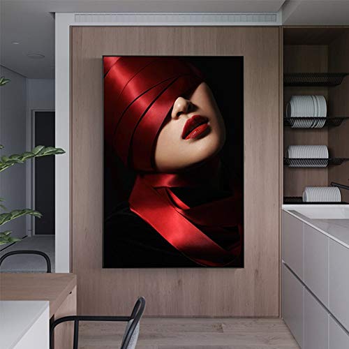 Mubaolei Cuadro de Lienzo de Bailarina de Seda roja Abstracta, póster e impresión de Chica de Labios Rojos Sexy Moderno para Sala de Estar, Imagen de Arte de Pared de Belleza 60x80cm