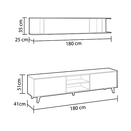 Mueble de salón, Comedor, Módulo TV + Estante, Modelo Zaiken Plus, Color Blanco Brillo y Roble Canadian, Medidas: 180 cm (Ancho) x 54 (Alto) x 41 cm (Fondo)