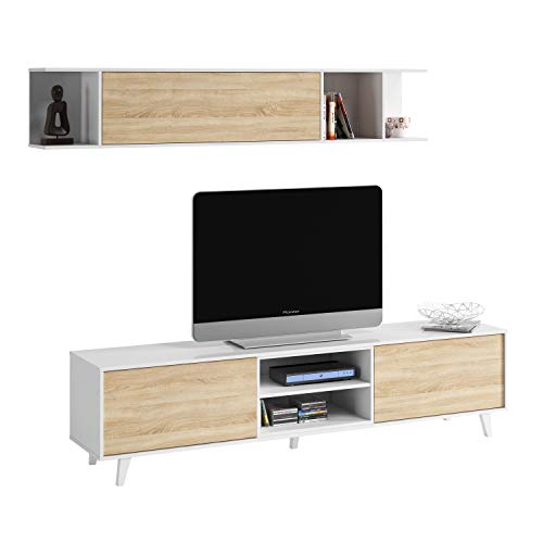 Mueble de salón, Comedor, Módulo TV + Estante, Modelo Zaiken Plus, Color Blanco Brillo y Roble Canadian, Medidas: 180 cm (Ancho) x 54 (Alto) x 41 cm (Fondo)