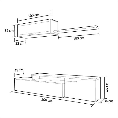 Mueble de Salon, Comedor, Mueble Moderno, Acabado en Color Blanco Brillo y Gris Ceniza, Medidas: 200 cm (Ancho) x 43 cm (Alto) x 34 cm (Fondo)