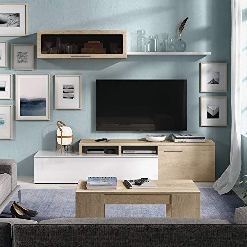 Mueble de Salon, Comedor, Mueble Moderno, Acabado en Color Blanco Brillo y Roble Canadian, Medidas: 200 cm (Ancho) x 43 cm (Alto) x 34 cm (Fondo)