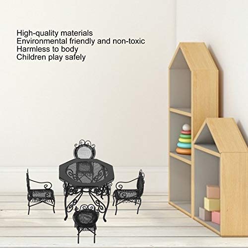 Muebles en miniatura de casa de muñecas, mesa y sillas en miniatura modernas exquisitas de bricolaje de metal, decoración de jardín creativa para decoración de interiores de casa(black)