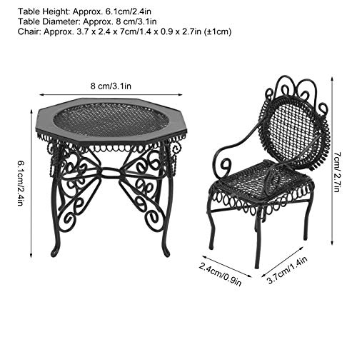 Muebles en miniatura de casa de muñecas, mesa y sillas en miniatura modernas exquisitas de bricolaje de metal, decoración de jardín creativa para decoración de interiores de casa(black)