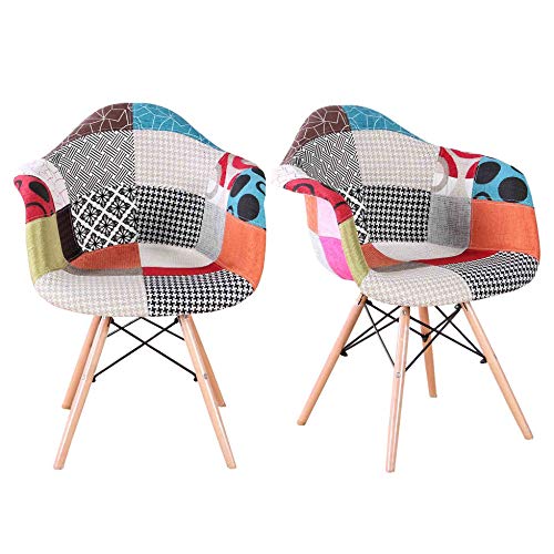 MUEBLES HOME Sillas de comedor Juego de 2 sillas de cocina modernas de mediados de siglo Sillón de tela de estilo lino multicolor con patas de madera para comedor Sillas laterales de sala de estar