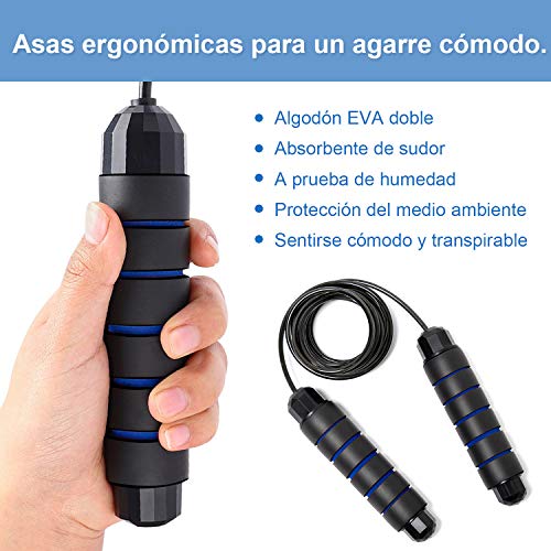 MUF Cuerda Saltar para Fitness, Combas Ajustable 3M con Asas de Espuma sin Enredos, Ejercicio para Deportes, Estado Físico, Boxeo, Crossfit, Mayor Resistencia, Pérdida Grasa, Todas Las Edades (Azul)