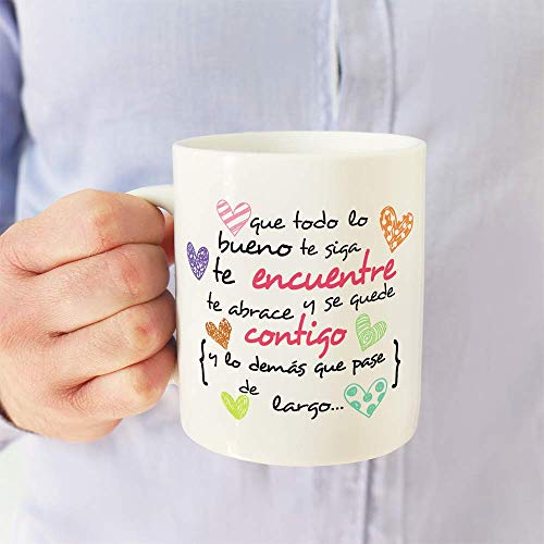 MUGFFINS Taza Original de Desayuno para Regalar a Amigas Amigos y Seres Queridos - Que Todo lo Bueno te SIGA te encuentre y te abrace - 350 ml - Tazas con Frases motivacionales