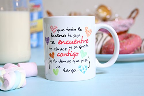 MUGFFINS Taza Original de Desayuno para Regalar a Amigas Amigos y Seres Queridos - Que Todo lo Bueno te SIGA te encuentre y te abrace - 350 ml - Tazas con Frases motivacionales