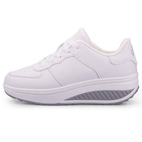 Mujer Adelgazar Zapatos Calientes Fur Botines Sneakers Zapatos de Plataforma de Cuña de Fitness Zapatos de Andar Impermeable Anti Deslizante Zapatos Blanco-Bajo（Piel Forrada） 37 EU