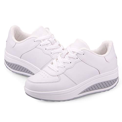 Mujer Adelgazar Zapatos Calientes Fur Botines Sneakers Zapatos de Plataforma de Cuña de Fitness Zapatos de Andar Impermeable Anti Deslizante Zapatos Blanco-Bajo（Piel Forrada） 37 EU