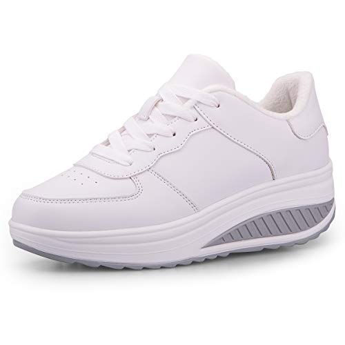 Mujer Adelgazar Zapatos Calientes Fur Botines Sneakers Zapatos de Plataforma de Cuña de Fitness Zapatos de Andar Impermeable Anti Deslizante Zapatos Blanco-Bajo（Piel Forrada） 37 EU