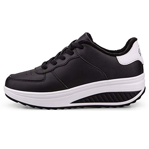 Mujer Adelgazar Zapatos Calientes Fur Botines Sneakers Zapatos de Plataforma de Cuña de Fitness Zapatos de Andar Impermeable Anti Deslizante Zapatos Negro&Blanco-Bajo（Piel Forrada 35 EU