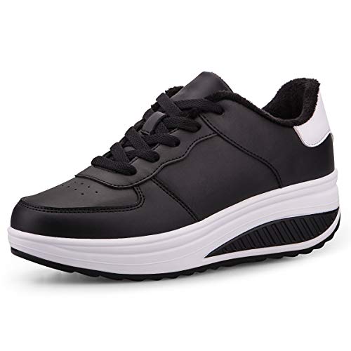 Mujer Adelgazar Zapatos Calientes Fur Botines Sneakers Zapatos de Plataforma de Cuña de Fitness Zapatos de Andar Impermeable Anti Deslizante Zapatos Negro&Blanco-Bajo（Piel Forrada 35 EU