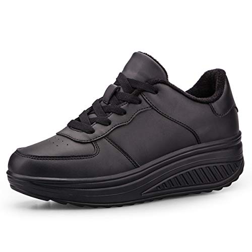 Mujer Adelgazar Zapatos Calientes Fur Botines Sneakers Zapatos de Plataforma de Cuña de Fitness Zapatos de Andar Impermeable Anti Deslizante Zapatos Negro-Bajo （Piel Forrada） 35 EU