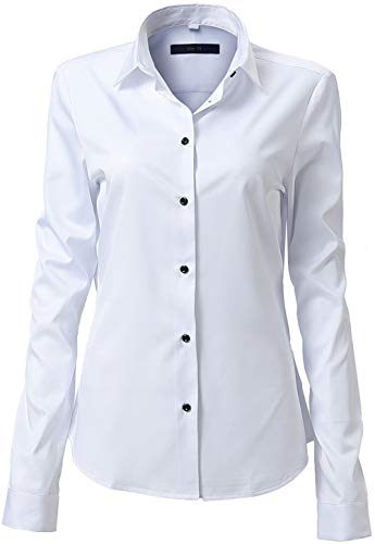 Mujer Camisa Básica Mujer Slim Fit - Camisa Blusa Casual de Fibra de Bambu Manga Larga Informal con Cierre de Botónl, Ideal para Oficina/Trabajo/Entrevista (Blanco, EU34)