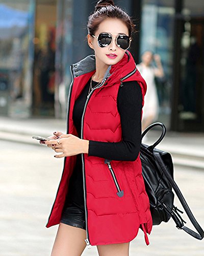Mujer Chaleco Sin Mangas Abrigos con Capucha Pluma Acolchado de Invierno Rojo S