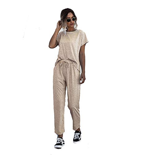 Mujer Chándales de 2 Piezas Ropa Deportiva Cuello Redondo Top de Manga Corta y Pantalones de Cintura Elástica Verano Casual Moda Jogging Yoga Conjuntos Deportivos con Bolsillos