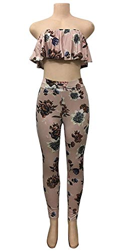 Mujer Dos Piezas Set Bandeau Top Y Pantalones De Cintura Alta Verano Vintage Elegantes Floreadas Basic Ropa con Volantes Sin Mangas Sin Tirantes Camisas Sin Barriga Y Pantalon Ropa