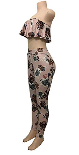 Mujer Dos Piezas Set Bandeau Top Y Pantalones De Cintura Alta Verano Vintage Elegantes Floreadas Basic Ropa con Volantes Sin Mangas Sin Tirantes Camisas Sin Barriga Y Pantalon Ropa