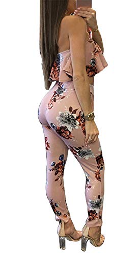 Mujer Dos Piezas Set Bandeau Top Y Pantalones De Cintura Alta Verano Vintage Elegantes Floreadas Basic Ropa con Volantes Sin Mangas Sin Tirantes Camisas Sin Barriga Y Pantalon Ropa