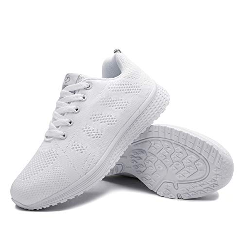 Mujer Entrenador Zapatos Gimnasio Deportes atléticos Zapatillas de Deporte Malla Informal Zapatos para Caminar Encaje Plano Blanco EU 38