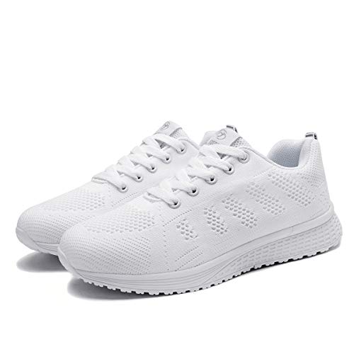 Mujer Entrenador Zapatos Gimnasio Deportes atléticos Zapatillas de Deporte Malla Informal Zapatos para Caminar Encaje Plano Blanco EU 38