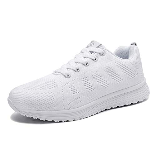 Mujer Entrenador Zapatos Gimnasio Deportes atléticos Zapatillas de Deporte Malla Informal Zapatos para Caminar Encaje Plano Blanco EU 38