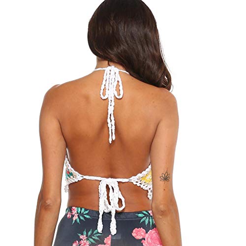 Mujer Halter Knit Top de Bikinis, Hollow out Bañador Ganchillo, Dragon868 Camisolas Tops de Verano Mujer, Sujetador de Bikini Crochet Sin Mangas, Florales Bordados de Borla