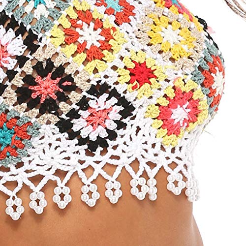 Mujer Halter Knit Top de Bikinis, Hollow out Bañador Ganchillo, Dragon868 Camisolas Tops de Verano Mujer, Sujetador de Bikini Crochet Sin Mangas, Florales Bordados de Borla