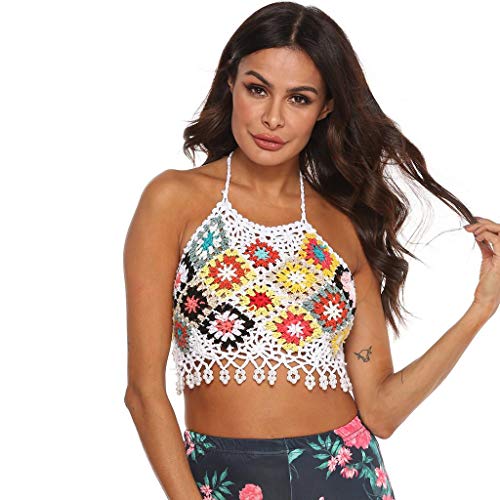 Mujer Halter Knit Top de Bikinis, Hollow out Bañador Ganchillo, Dragon868 Camisolas Tops de Verano Mujer, Sujetador de Bikini Crochet Sin Mangas, Florales Bordados de Borla