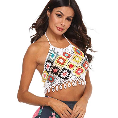 Mujer Halter Knit Top de Bikinis, Hollow out Bañador Ganchillo, Dragon868 Camisolas Tops de Verano Mujer, Sujetador de Bikini Crochet Sin Mangas, Florales Bordados de Borla