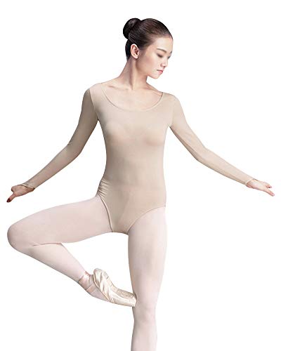 Mujer Maillot De Danza Manga Larga Gimnasia Ballet Leotardo Color Carne Traje De Cuerpo Bata Desnudo 2Xl