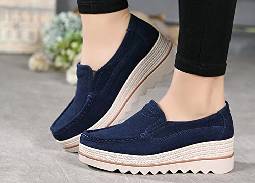 Mujer Mocasines Plataforma Casual Loafers Primavera Verano Zapatos de Cuña 5cm Negro Azul Caqui 35-42 Azul 40