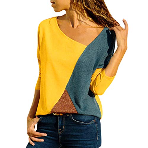 Mujer Polyester Ajustado Blusa Moda Patchwork Casual para Mujer Color Block O-Neck Manga Larga Camiseta Tops Otoño e Invierno Tallas Grandes riou