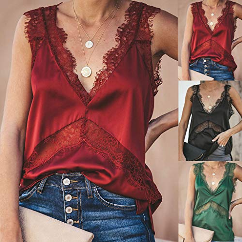 Mujer sin Mangas con Cuello en V de Encaje Patchwork Slim Fit Camiseta Top Blusa