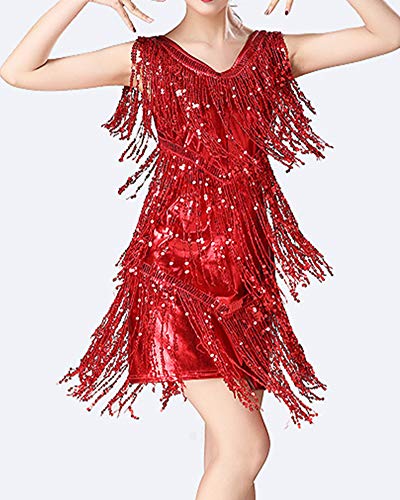 Mujer Vestido Danza Latín Zumba Borla Lentejuelas Cuello V Sin Mangas Dancewear Rojo XL Mujer Vestido Danza Latín Zumba Borla Lentejuelas Cuello V Sin Mangas Dancewear Rojo XL