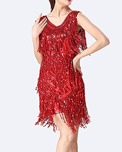 Mujer Vestido Danza Latín Zumba Borla Lentejuelas Cuello V Sin Mangas Dancewear Rojo XL Mujer Vestido Danza Latín Zumba Borla Lentejuelas Cuello V Sin Mangas Dancewear Rojo XL